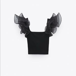 NWT Zara Ruffled Organza Top | Black | Size L